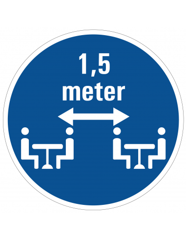 Zittend 1,5 meter afstand houden bord, kunststof, blauw wit, rond, 1,5 meter afstand houden pictogram