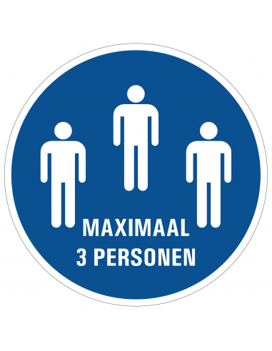 Maximaal 3 personen verplicht bord, kunststof, rond, blauw wit, 3 personen pictogram