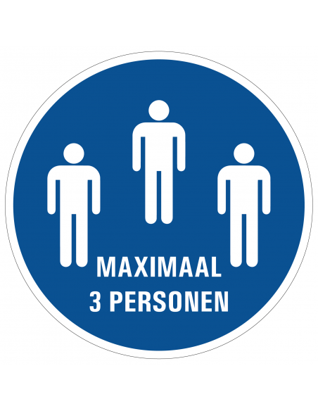 Maximaal 3 personen sticker, blauw wit, rond, pictogram 3 personen