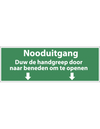Nooduitgang, duw de handgreep naar beneden bord met tekst, kunststof, rechthoek, groen wit,