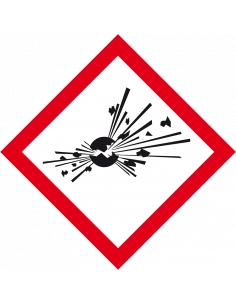 GHS01 explosieve stoffen sticker, vel, CLP etiket, vierkant ruit, ontploffing, rood wit