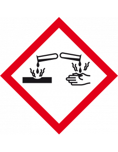 GHS05 bijtende stoffen sticker, 500 op rol, reageerbuis, hand, corrosief, rood wit, ruit