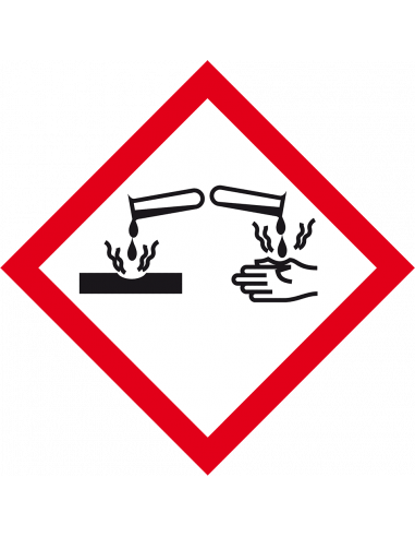 GHS05 bijtende stoffen sticker, 500 op rol, reageerbuis, hand, corrosief, rood wit, ruit