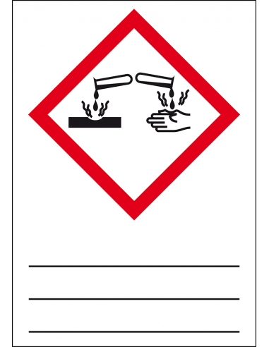 GHS05 bijtende stoffen sticker, beschrijfbaar, reageerbuis, hand, corrosief, rood wit, ruit