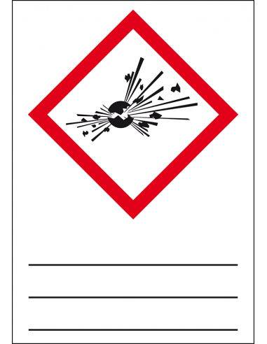GHS01 explosieve stoffen sticker, beschrijfbaar, CLP etiket, vierkant ruit, ontploffing, rood wit