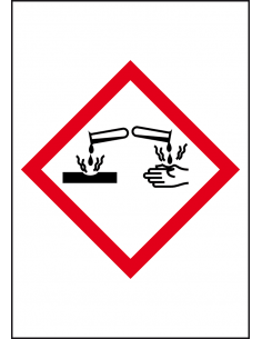 GHS05 bijtende stoffen sticker, 10 per vel, rechthoek, reageerbuis, hand, corrosief, rood wit, ruit