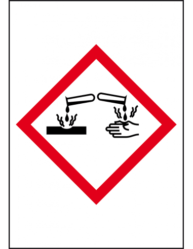 GHS05 bijtende stoffen sticker, 10 per vel, rechthoek, reageerbuis, hand, corrosief, rood wit, ruit