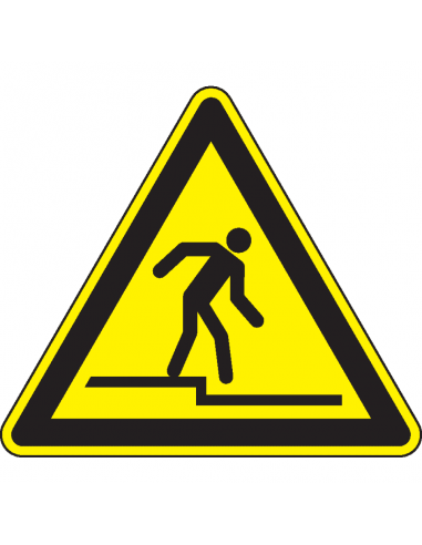 Pas op afstap sticker, ISO 7010, W070, geel zwart, afstapje symbool, driehoek