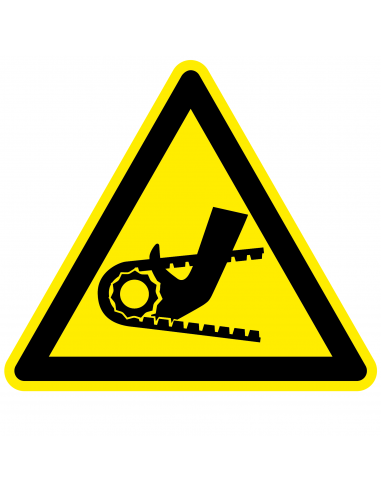 Waarschuwingsbord hand tussen ketting, geel zwart, hand tussen ketting symbool, driehoek