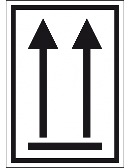 Deze zijde boven sticker op rol, zelfklevende folie, zwart wit, zwarte pijlen omhoog