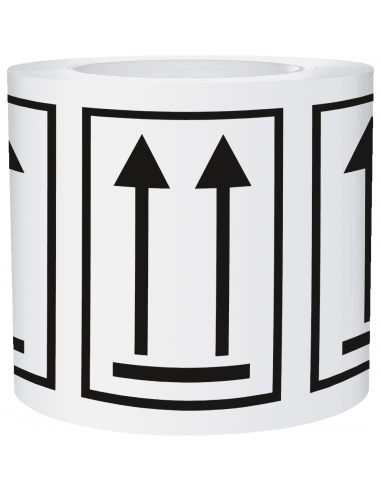 Deze zijde boven sticker op rol, zelfklevende folie, zwart wit, zwarte pijlen omhoog