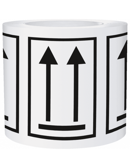 Deze zijde boven sticker op rol, zelfklevende folie, zwart wit, zwarte pijlen omhoog