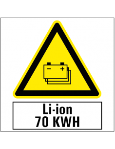 Pas op voor gestapelde li-ion batterijen 70 kwh sticker, driehoek, geel zwart, met tekst
