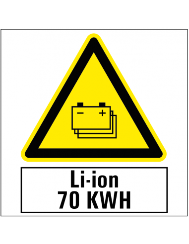 Pas op voor gestapelde li-ion batterijen 70 kwh sticker, driehoek, geel zwart, met tekst