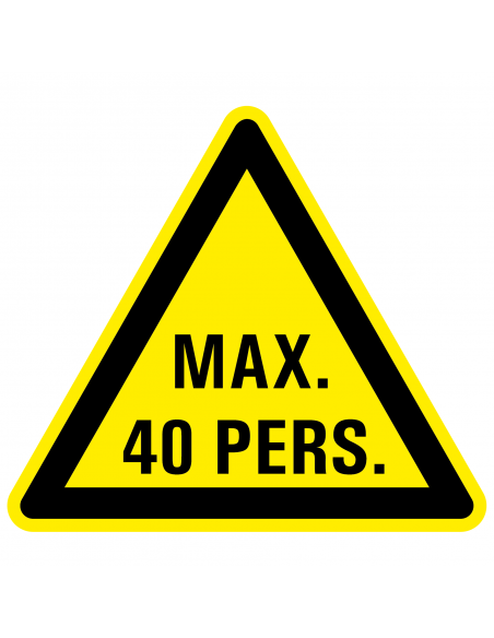Waarschuwingsbord max. 40 personen, kunststof, driehoek, geel zwart