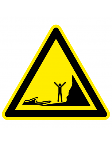 Vloedgevaar sticker, W060, geel zwart, ISO 7010, vloed symbool, driehoek