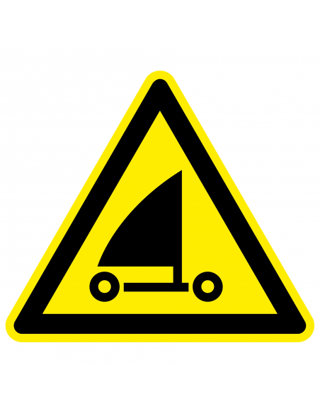 Waarschuwingsbord strandzeilen, W059, geel zwart, ISO 7010, zeilboot symbool, driehoek
