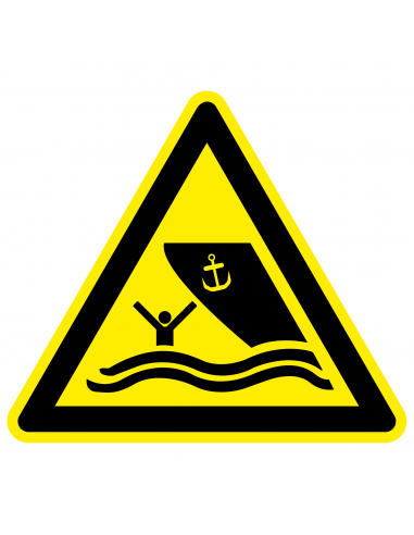 Waarschuwingssticker vaargebied, W058, geel zwart, ISO 7010, boot symbool, driehoek