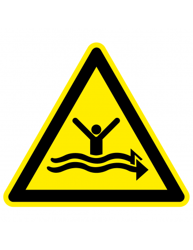 Waarschuwingsbord sterke stroming, W057, geel zwart, ISO 7010, stroming symbool, driehoek