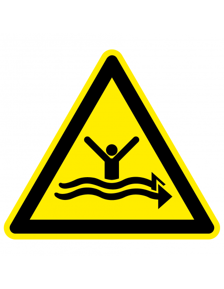 Waarschuwingsbord sterke stroming, W057, geel zwart, ISO 7010, stroming symbool, driehoek