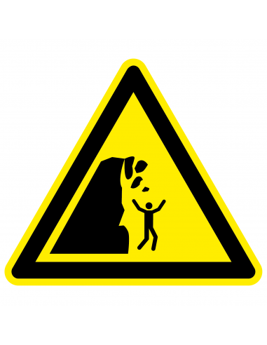 Waarschuwingsbord instabiele klif, W053, geel zwart, ISO 7010, instabiele klif symbool, driehoek