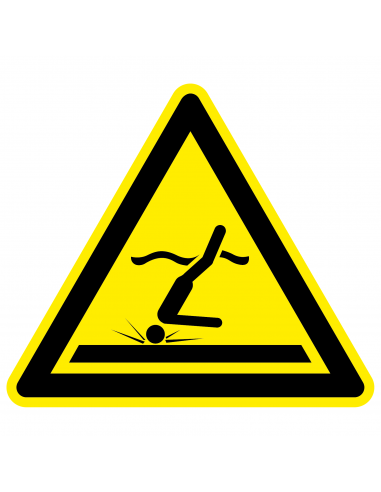 Waarschuwingssticker ondiep water, W048, geel zwart, ISO 7010, ondiep water symbool, driehoek