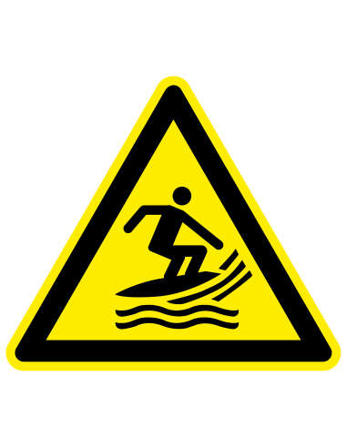 Waarschuwingsbord surfgebied, W046, geel zwart, ISO 7010, surfer symbool, driehoek