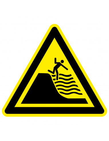 Waarschuwingssticker sterk aflopend strand, W066, pas op man valt in water