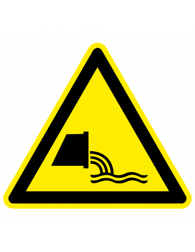 Waarschuwingsbord rioolwater monding, W055, geel zwart, ISO 7010, rioolmonding symbool, driehoek