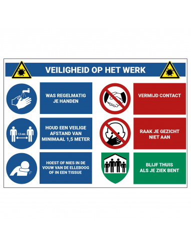 Veiligheid op het werk sticker, rood, blauw, groen, wit, Nederlandse tekst met pictogrammen, rechthoek