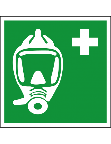 Ademhalingsapparaat noodevacuatie sticker, ISO 7010, E029, groen wit, vierkant, ademhalingsapparaat pictogram