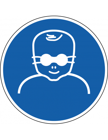 Oogbescherming voor kinderen verplicht sticker, ISO 7010, M025, blauw wit, rond, baby met oogbescherming symbool