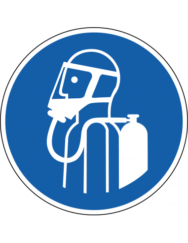 Gebruik autonoom ademhalingstoestel sticker, ISO 7010, M047, blauw wit, rond, autonoom ademhalingstoestel pictogram