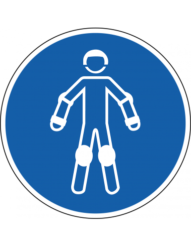 Draag beschermende rollersportuitrusting, M049, ISO 7010, blauw wit, rond, persoon met rollersportuitrusting pictogram