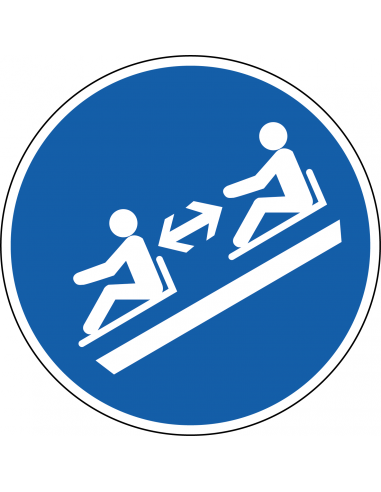 Afstand houden op slee bord, kunststof, M052, blauw wit, rond, twee personen op slee pictogram