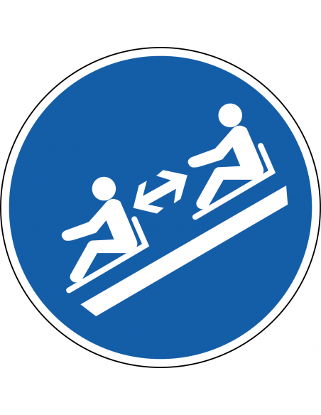 Afstand houden op slee bord, kunststof, M052, blauw wit, rond, twee personen op slee pictogram