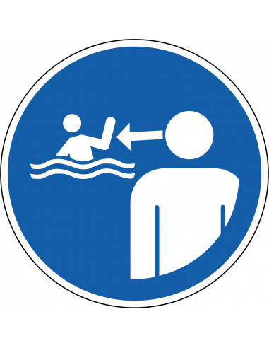 Houd kinderen in het water onder toezicht, sticker, ISO 7010, M054, rond, blauw wit, persoon kijk naar kind in water pictogram