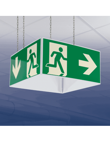 Lichtgevende nooduitgang kubus beneden, rechts, links