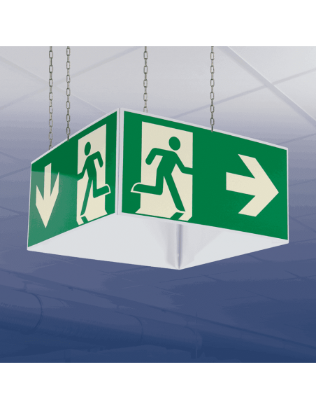 Lichtgevende nooduitgang kubus beneden, rechts, links