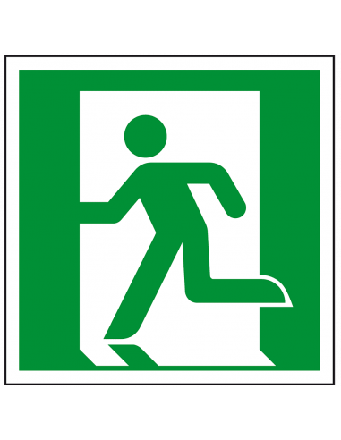 Nooduitgang sticker links, ISO 7010, E001, groen wit, symbool nooduitgang links, vierkant