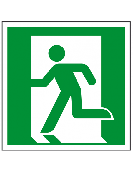 Nooduitgang sticker links, ISO 7010, E001, groen wit, symbool nooduitgang links, vierkant