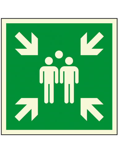 Lichtgevend verzamelplaats bord, kunststof, 400 x 400 mm, E007, groen wit, pictogram verzamelplaats, vierkant