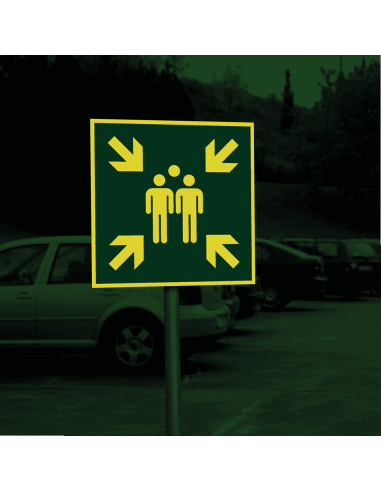 Lichtgevend verzamelplaats bord, kunststof, 400 x 400 mm, E007, groen wit, pictogram verzamelplaats, vierkant