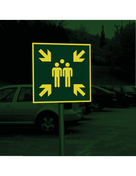 Lichtgevend verzamelplaats bord, kunststof, 400 x 400 mm, E007, groen wit, pictogram verzamelplaats, vierkant