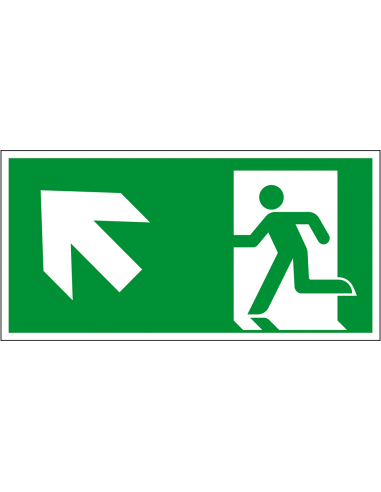 Nooduitgang bord pijl linksboven, kunststof, 300 x 150 mm, E001, groen wit, symbool nooduitgang, rechthoekig, ISO 7010