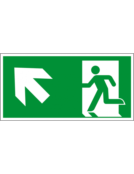 Nooduitgang bord pijl linksboven, kunststof, 300 x 150 mm, E001, groen wit, symbool nooduitgang, rechthoekig, ISO 7010