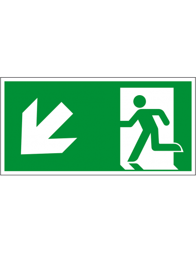 Nooduitgang bord pijl linksonder, kunststof, 300 x 150 mm, E001, groen wit, symbool nooduitgang, rechthoekig, ISO 7010