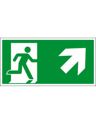 Nooduitgang bord pijl rechtsboven, kunststof, 300 x 150 mm, E002, groen wit, symbool nooduitgang, rechthoekig, ISO 7010