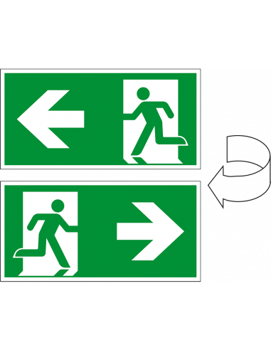 Nooduitgang bord, dubbelzijdig, kunststof, kunststof, E001, groen wit, rechthoekig, ISO 7010