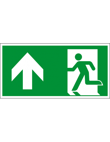 Nooduitgang bord pijl boven, aluminium, E001, groen wit, symbool nooduitgang, rechthoekig, ISO 7010